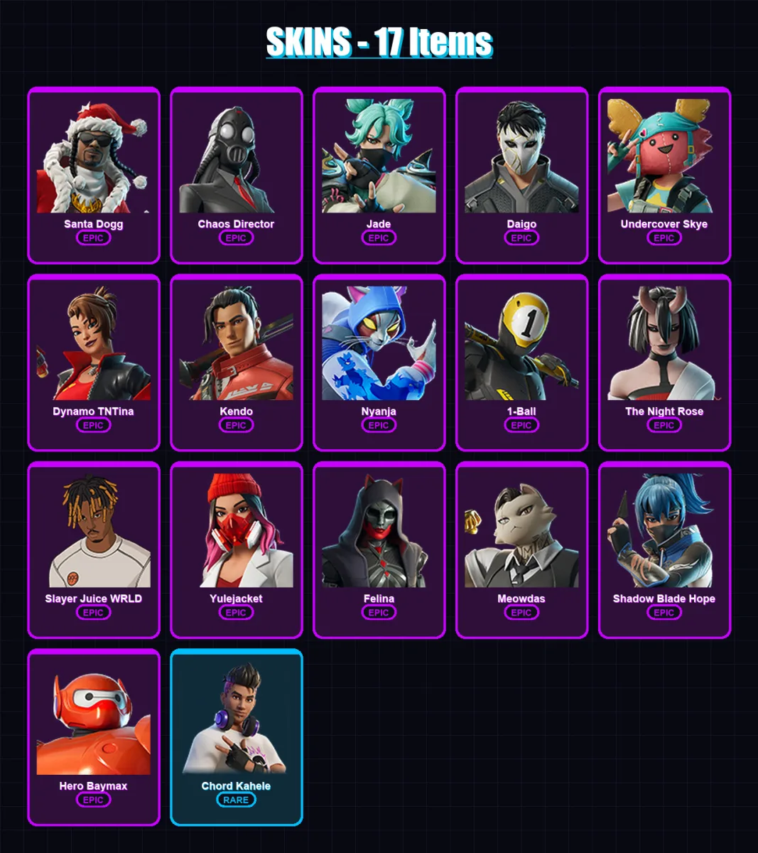 [PC/PSN] | Santa Dogg | Chaos Director | Jade | Daigo | Undercover Skye | 17 skin | 39 pickaxe | 29 emote | 28 glider | Lv369
