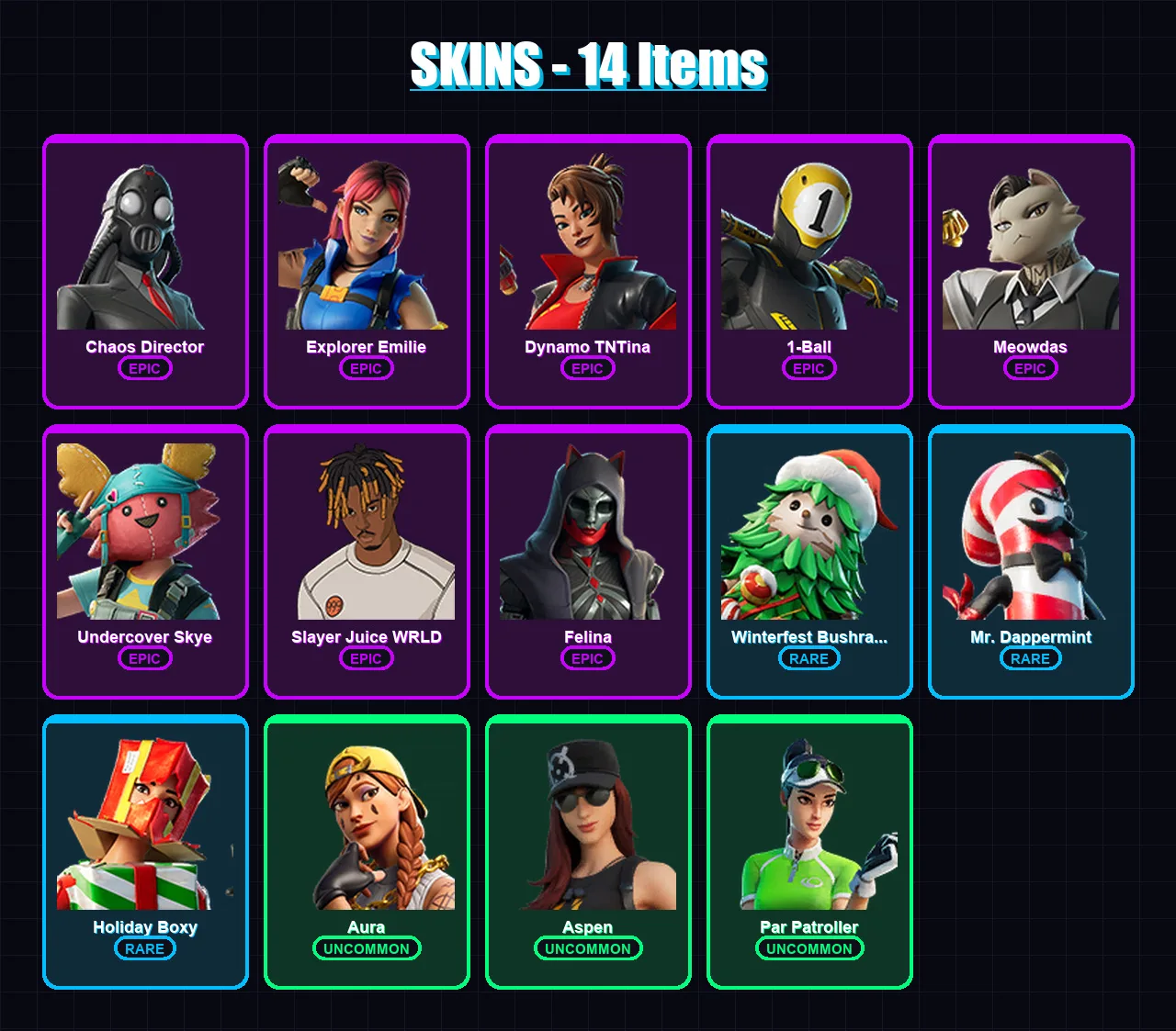 [PC/XBOX/PSN] | Chaos Director | Explorer Emilie | Dynamo TNTina | 1-Ball | Meowdas | 14 skin | 33 pickaxe | 23 emote | 28 glider | Lv683