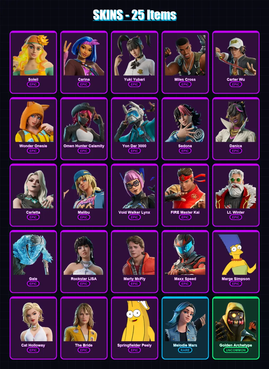 [PC/XBOX/PSN] | Soleil | Carina | Yuki Yubari | Miles Cross | Carter Wu | 25 skin | 28 pickaxe | 20 emote | 15 glider | Lv91 — Fortnite account