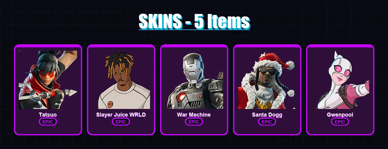 [PC/XBOX] | Tatsuo | Slayer Juice WRLD | War Machine | Santa Dogg | Gwenpool | 5 skin | 19 pickaxe | 6 emote | 12 glider | Lv106