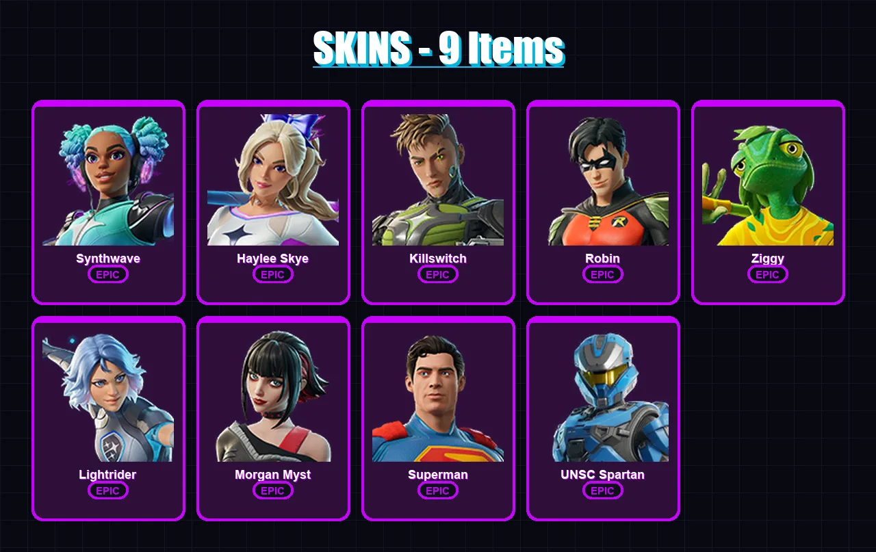 [PC/XBOX/PSN] | Synthwave | Haylee Skye | Killswitch | Robin | Ziggy | 9 skin | 18 pickaxe | 12 emote | 15 glider | Lv134