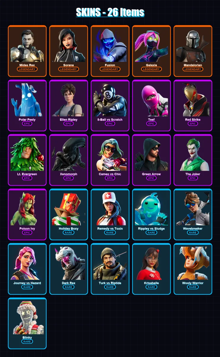 [SWITCH/XBOX/PSN/PC] | Midas Rex | Sorana | Fusion | Galaxia | Mandalorian | 26 skin | 29 pickaxe | 27 emote | 25 glider | Lv476