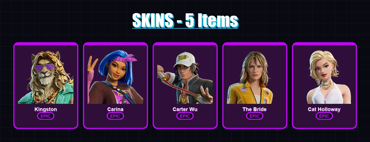 [PS4/PS5/XBOX/PC] | Kingston | Carina | Carter Wu | The Bride | Cat Holloway | 5 skin | 14 pickaxe | 8 emote | 8 glider | Lv81