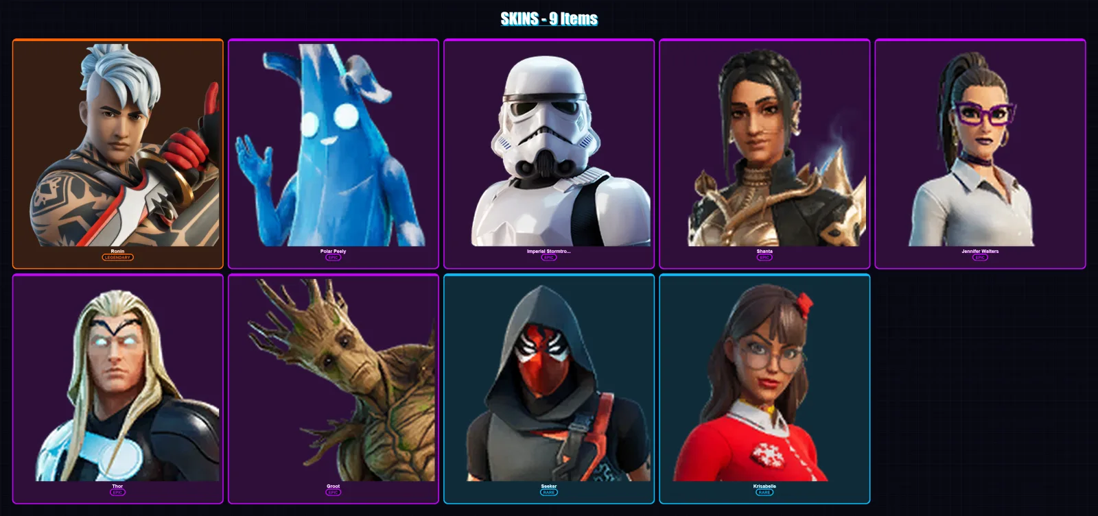 [PC/XBOX/PSN] | Ronin | Polar Peely | Imperial Stormtrooper | Shanta | Jennifer Walters | 9 skin | 16 pickaxe | 13 emote | 14 glider | Lv196