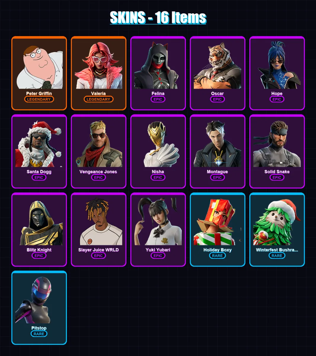 [PC/XBOX] | Peter Griffin | Valeria | Felina | Oscar | Hope | 16 skin | 43 pickaxe | 22 emote | 27 glider | Lv653