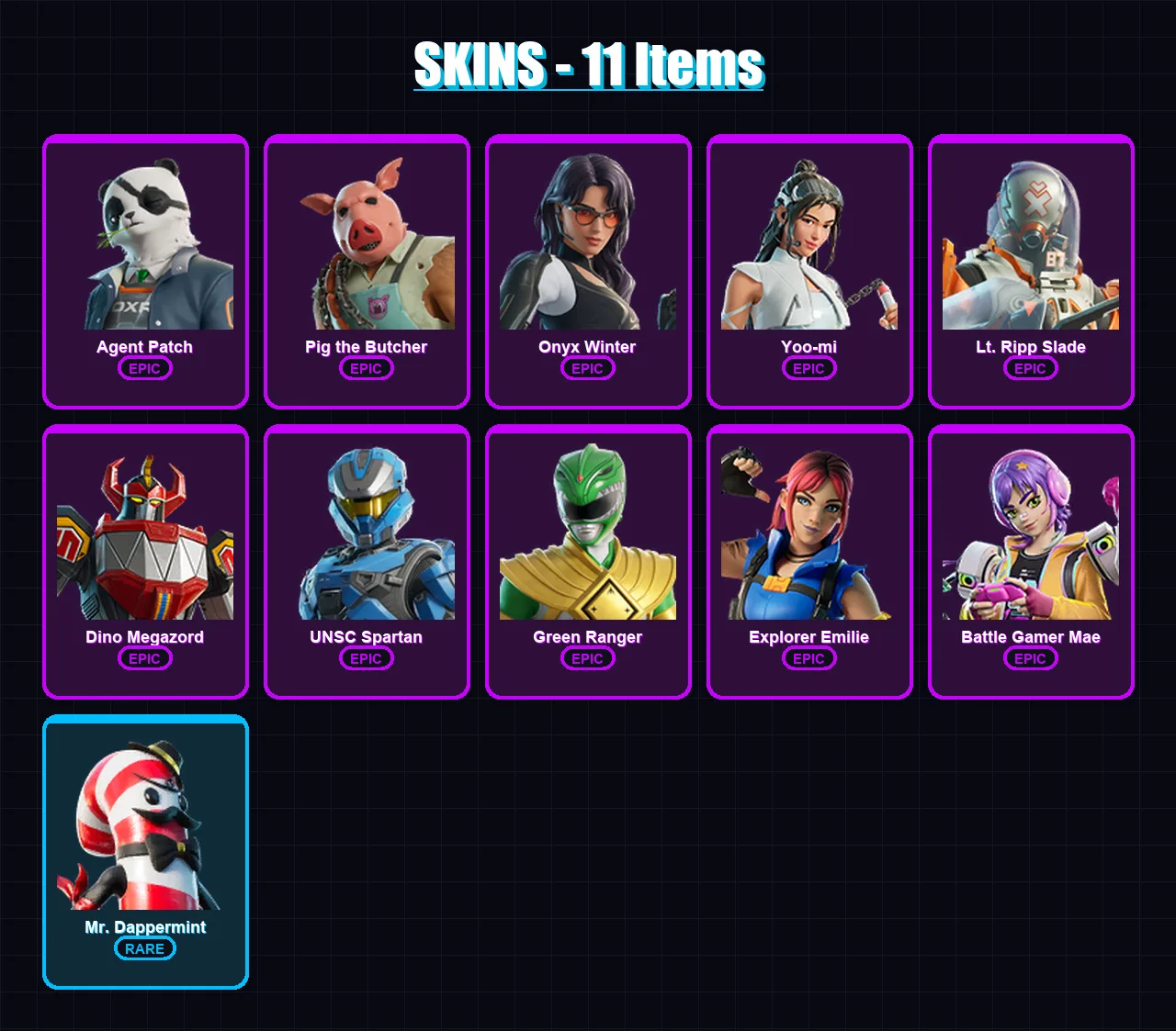 [PC/PSN] | Agent Patch | Pig the Butcher | Onyx Winter | Yoo-mi | Lt. Ripp Slade | 11 skin | 34 pickaxe | 20 emote | 22 glider | Lv357
