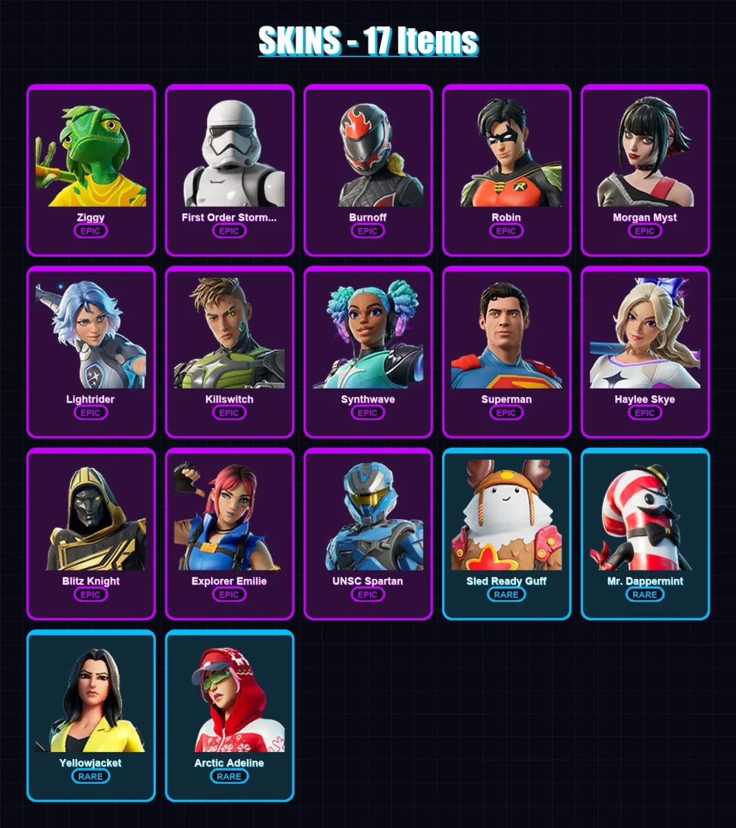 [PC/XBOX/PSN] | Ziggy | First Order Stormtrooper | Burnoff | Robin | Morgan Myst | 17 skin | 40 pickaxe | 26 emote | 30 glider | Lv332