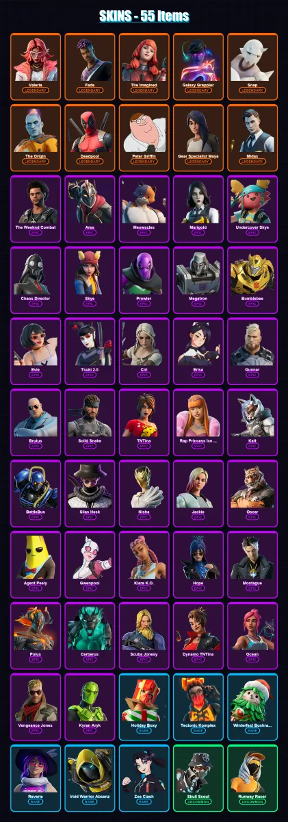 [PC/XBOX/PSN] | Valeria | Fade | The Imagined | Galaxy Grappler | Snap | 55 skin | 60 pickaxe | 36 emote | 37 glider | Lv504