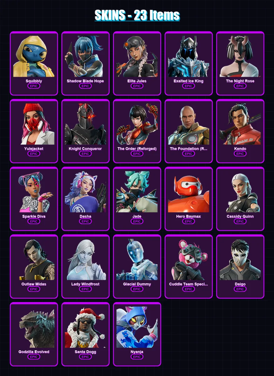 [PC/XBOX/PSN] | Squibbly | Shadow Blade Hope | Elite Jules | Exalted Ice King | The Night Rose | 23 skin | 50 pickaxe | 31 emote | 37 glider | Lv350