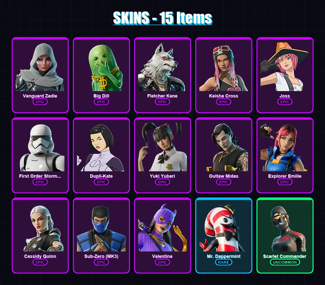 [PC/XBOX/PSN] | Vanguard Zadie | Big Dill | Fletcher Kane | Keisha Cross | Joss | 15 skin | 47 pickaxe | 25 emote | 32 glider | Lv829