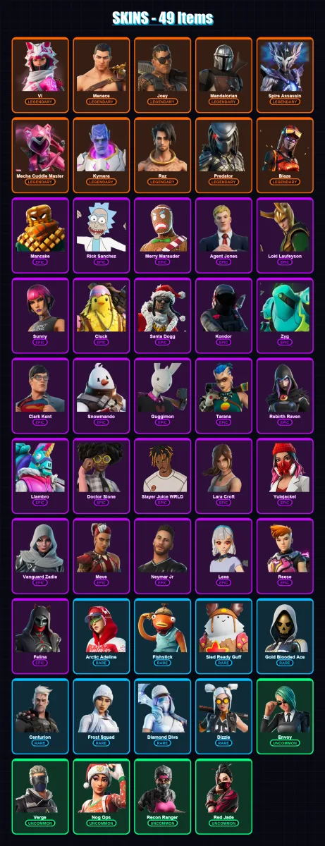 [PC/XBOX/PSN] | Vi | Menace | Joey | Mandalorian | Spire Assassin | 49 skin | 87 pickaxe | 76 emote | 70 glider | Lv1407