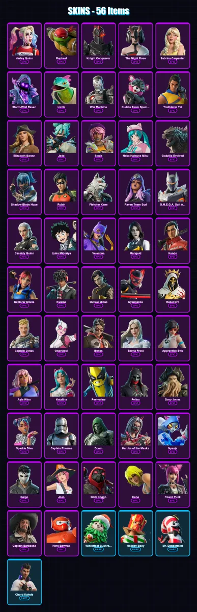 [PC/XBOX/PSN] | Harley Quinn | Raphael | Knight Conqueror | The Night Rose | Sabrina Carpenter | 56 skin | 58 pickaxe | 46 emote | 45 glider | Lv424