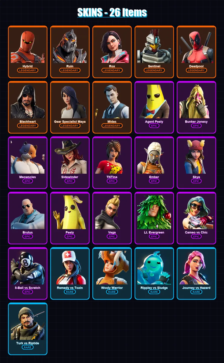 [PC/PSN] | Hybrid | Ruin | Rox | Sentinel | Deadpool | 26 skin | 32 pickaxe | 37 emote | 32 glider | Lv474