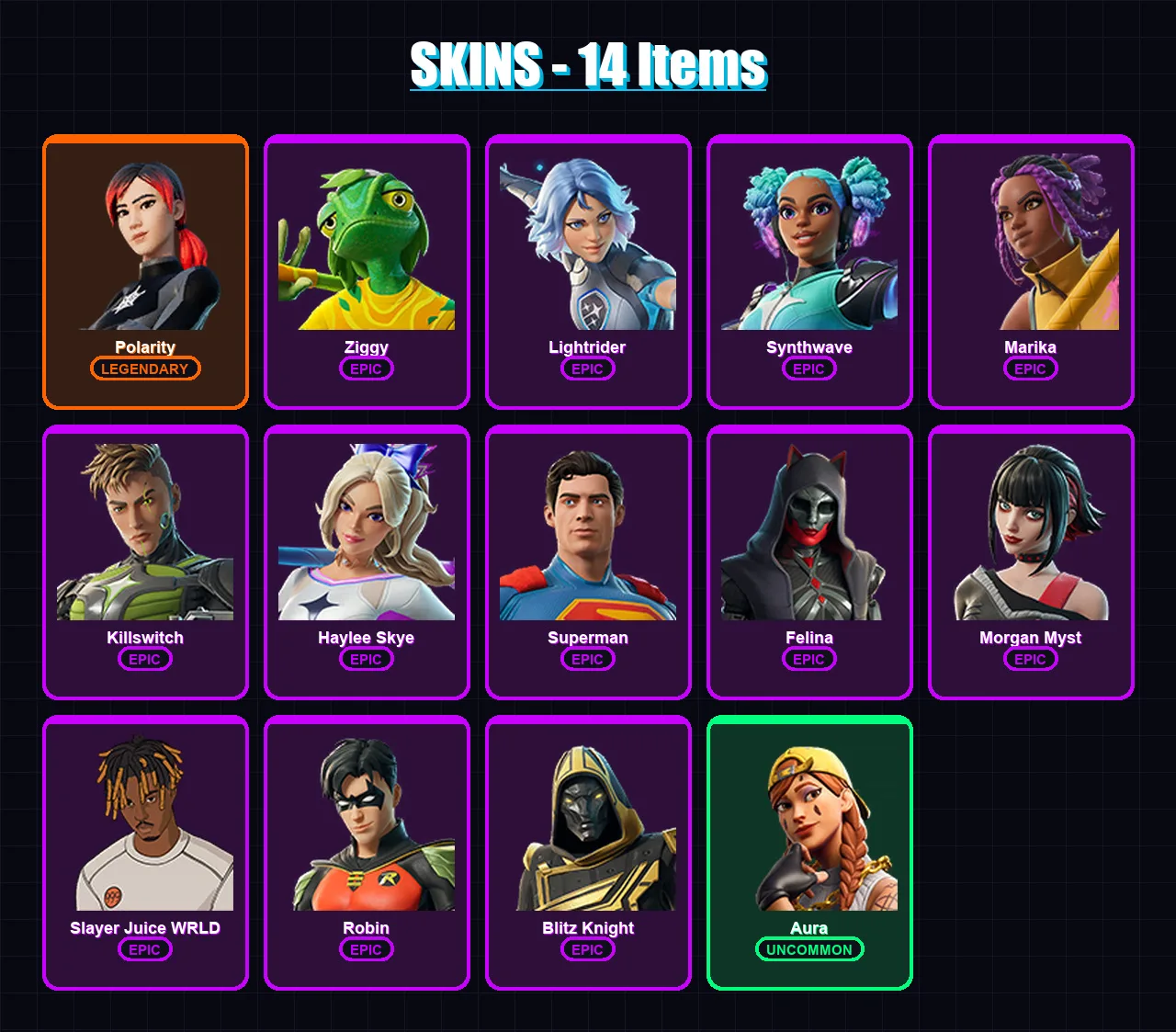 [PC/PSN] | Polarity | Ziggy | Lightrider | Synthwave | Marika | 14 skin | 25 pickaxe | 17 emote | 15 glider | Lv256