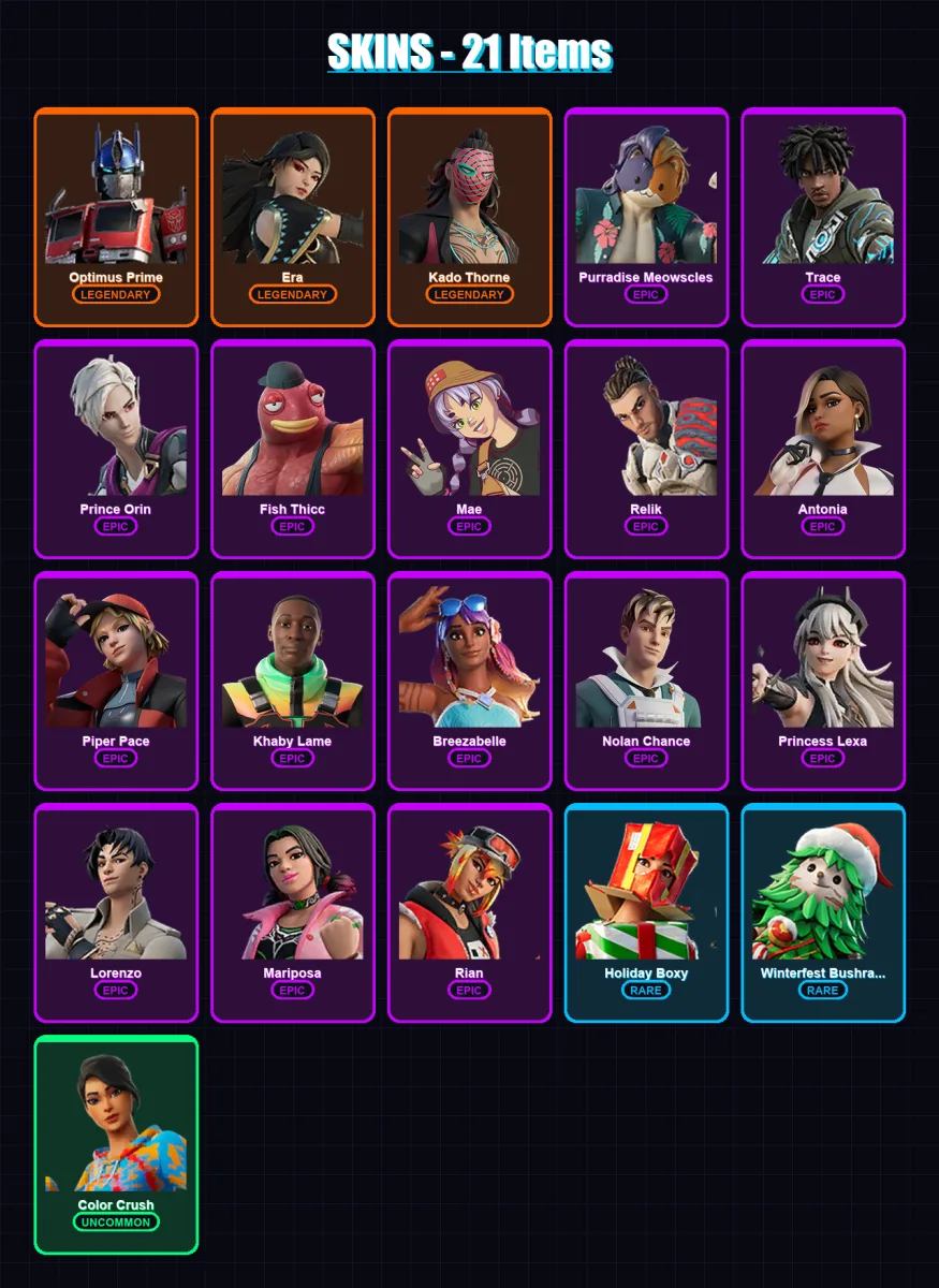 [PC/XBOX/PSN] | Optimus Prime | Era | Kado Thorne | Purradise Meowscles | Trace | 21 skin | 23 pickaxe | 19 emote | 21 glider | Lv287 — Fortnite account
