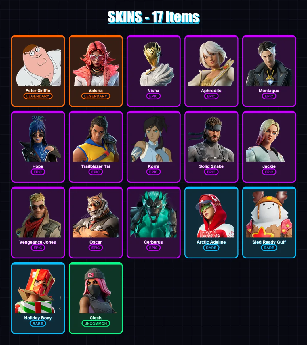 [PC/XBOX/PSN] | Peter Griffin | Valeria | Nisha | Aphrodite | Montague | 17 skin | 15 pickaxe | 13 emote | 19 glider | Lv165