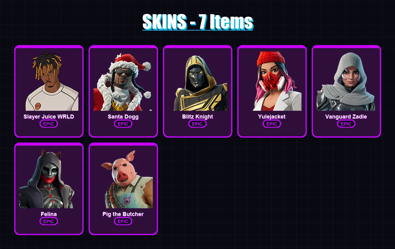 [PC/XBOX/PSN] | Slayer Juice WRLD | Santa Dogg | Blitz Knight | Yulejacket | Vanguard Zadie | 7 skin | 74 pickaxe | 31 emote | 45 glider | Lv671