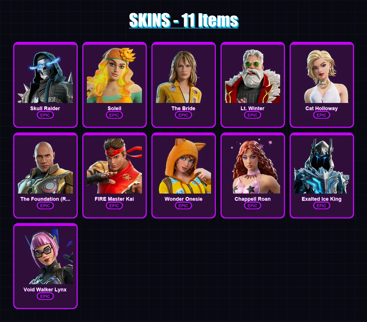 [PC/XBOX/PSN] | Skull Raider | Soleil | The Bride | Lt. Winter | Cat Holloway | 11 skin | 11 pickaxe | 11 emote | 8 glider | Lv30