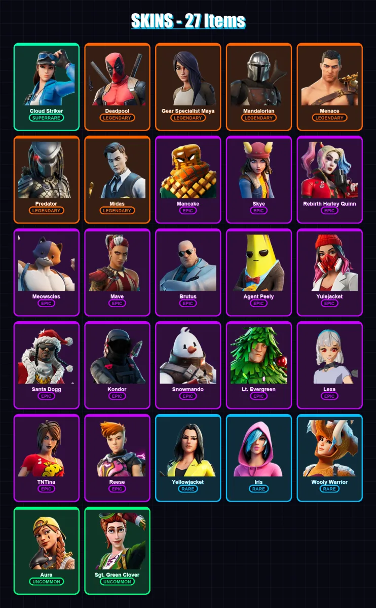 [PC/XBOX/PSN] | Cloud Striker | Deadpool | Gear Specialist Maya | Mandalorian | Menace | 27 skin | 38 pickaxe | 35 emote | 34 glider | Lv676