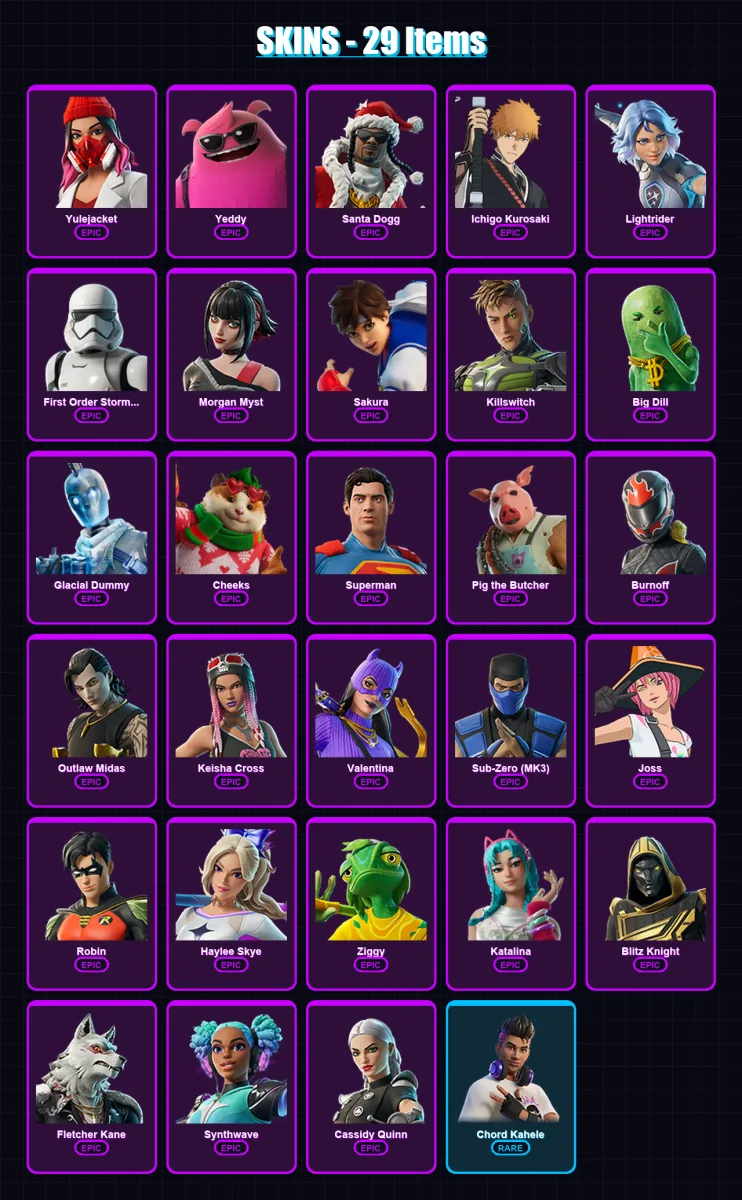 [PC/PSN] | Yulejacket | Yeddy | Santa Dogg | Ichigo Kurosaki | Lightrider | 29 skin | 76 pickaxe | 38 emote | 50 glider | Lv772