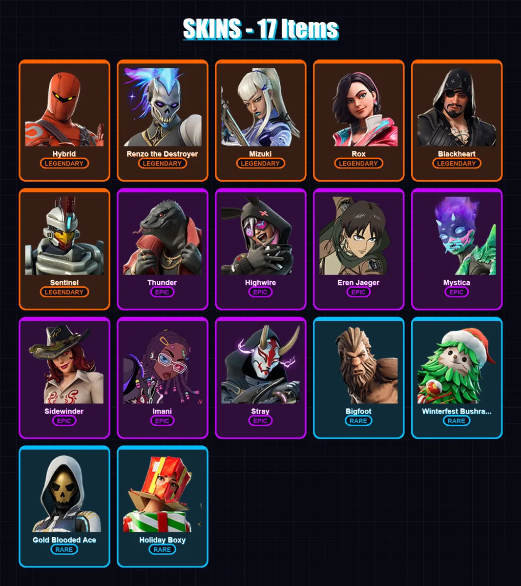 [PC/XBOX] | Hybrid | Renzo the Destroyer | Mizuki | Rox | Blackheart | 17 skin | 37 pickaxe | 26 emote | 36 glider | Lv586