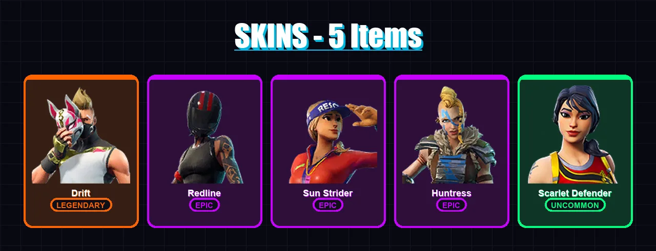 [PC/XBOX/PSN] | Drift | Redline | Sun Strider | Huntress | Scarlet Defender | 5 skin | 5 pickaxe | 6 emote | 7 glider | Lv55