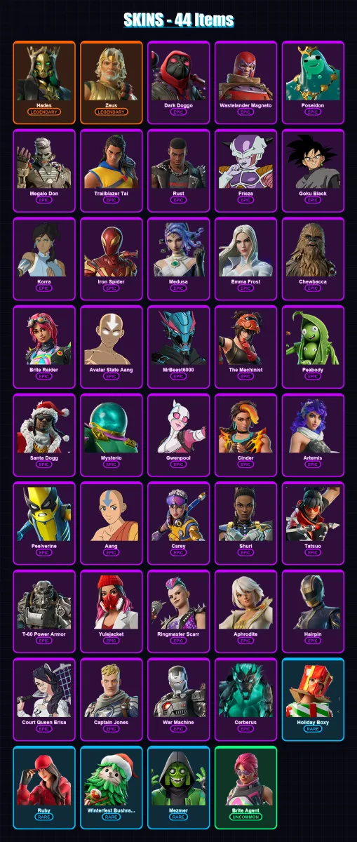 [PS4/PS5/XBOX/PC] | Hades | Zeus | Dark Doggo | Wastelander Magneto | Poseidon | 44 skin | 65 pickaxe | 37 emote | 53 glider | Lv679
