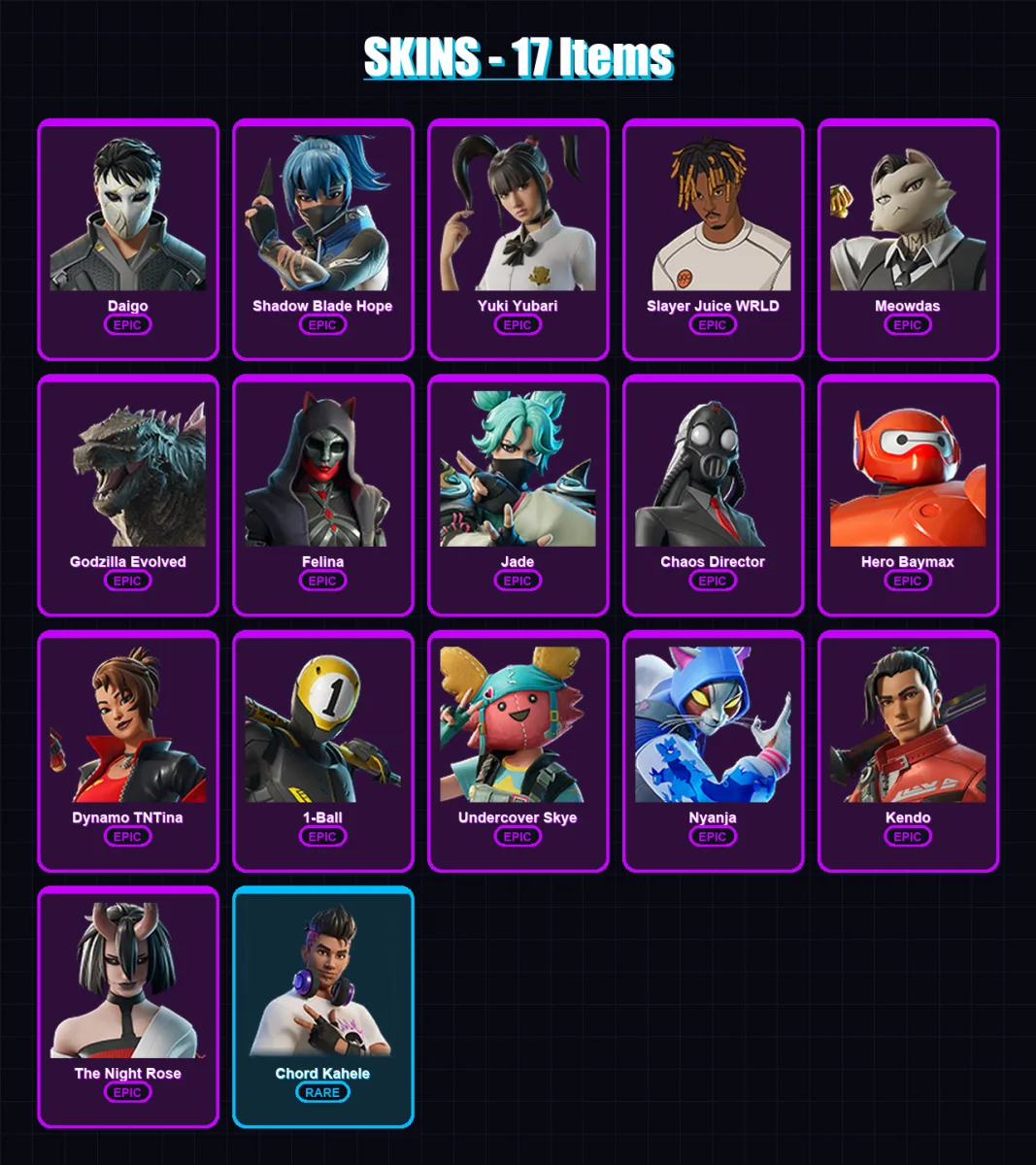 [PC/XBOX] | Daigo | Shadow Blade Hope | Yuki Yubari | Slayer Juice WRLD | Meowdas | 17 skin | 43 pickaxe | 23 emote | 27 glider | Lv305