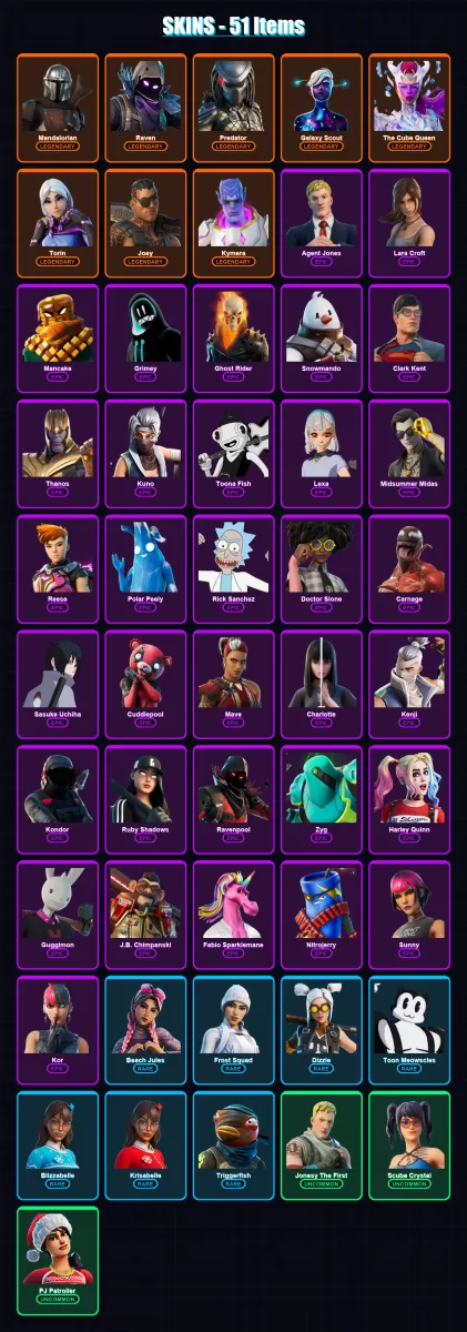 [PC/XBOX/PSN] | Mandalorian | Raven | Predator | Galaxy Scout | The Cube Queen | 51 skin | 52 pickaxe | 39 emote | 42 glider | Lv476