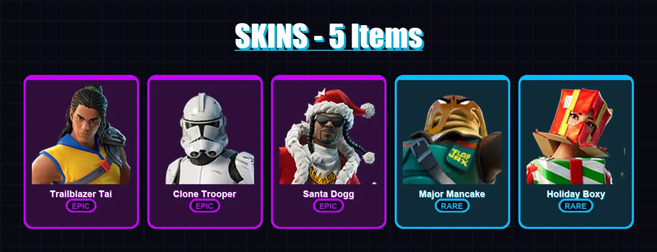 [PC/XBOX] | Trailblazer Tai | Clone Trooper | Santa Dogg | Major Mancake | Holiday Boxy | 5 skin | 27 pickaxe | 17 emote | 18 glider | Lv376