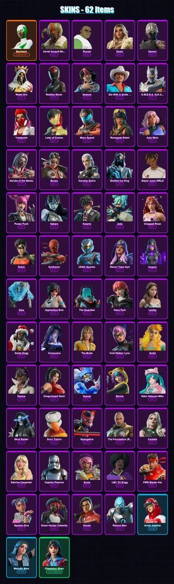 [PC/XBOX/PSN] | Backlash | Aerial Assault Bomber | Russel | Dylan | Damon | 62 skin | 45 pickaxe | 13 emote | 17 glider | Lv129
