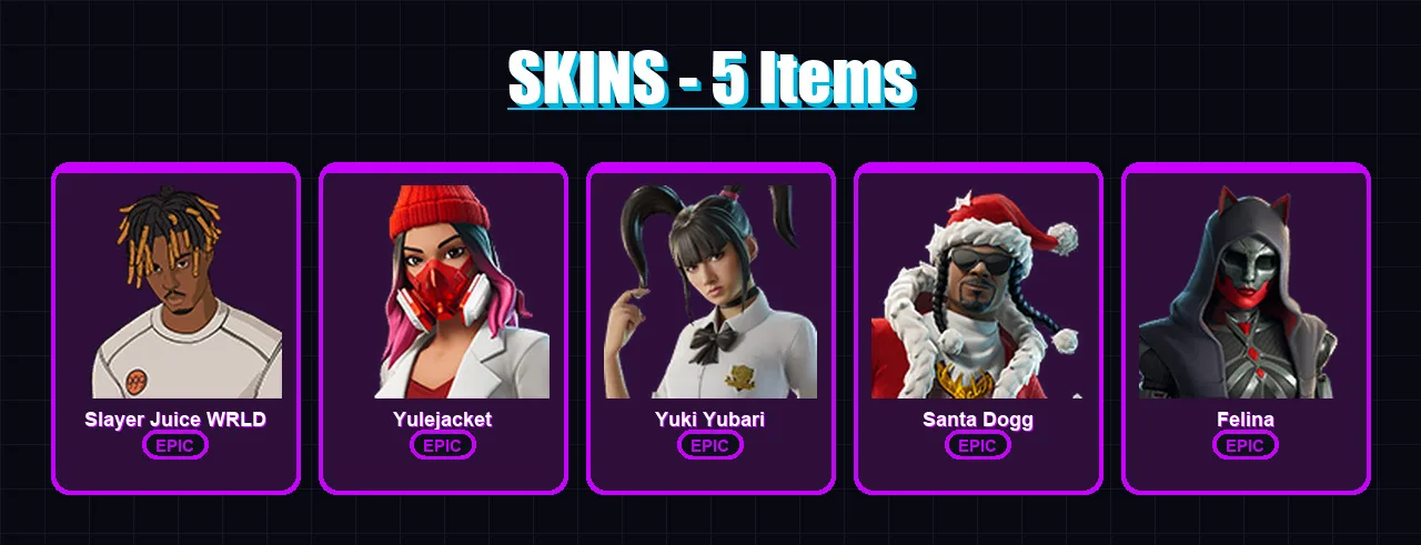 [PS4/PS5/XBOX/PC] | Slayer Juice WRLD | Yulejacket | Yuki Yubari | Santa Dogg | Felina | 5 skin | 35 pickaxe | 11 emote | 22 glider | Lv377