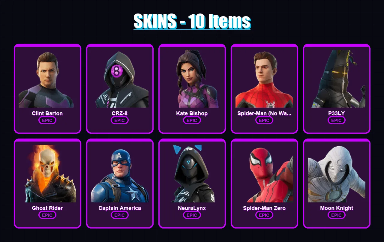 [PC/XBOX/PSN] | Clint Barton | CRZ-8 | Kate Bishop | Spider-Man (No Way Home) | P33LY | 10 skin | 11 pickaxe | 2 emote | 5 glider | Lv30