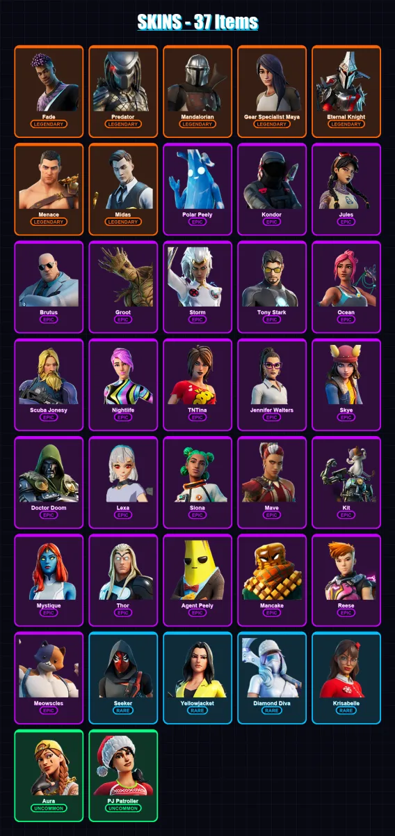 [PC/XBOX/PSN] | Fade | Predator | Mandalorian | Gear Specialist Maya | Eternal Knight | 37 skin | 41 pickaxe | 22 emote | 35 glider | Lv512