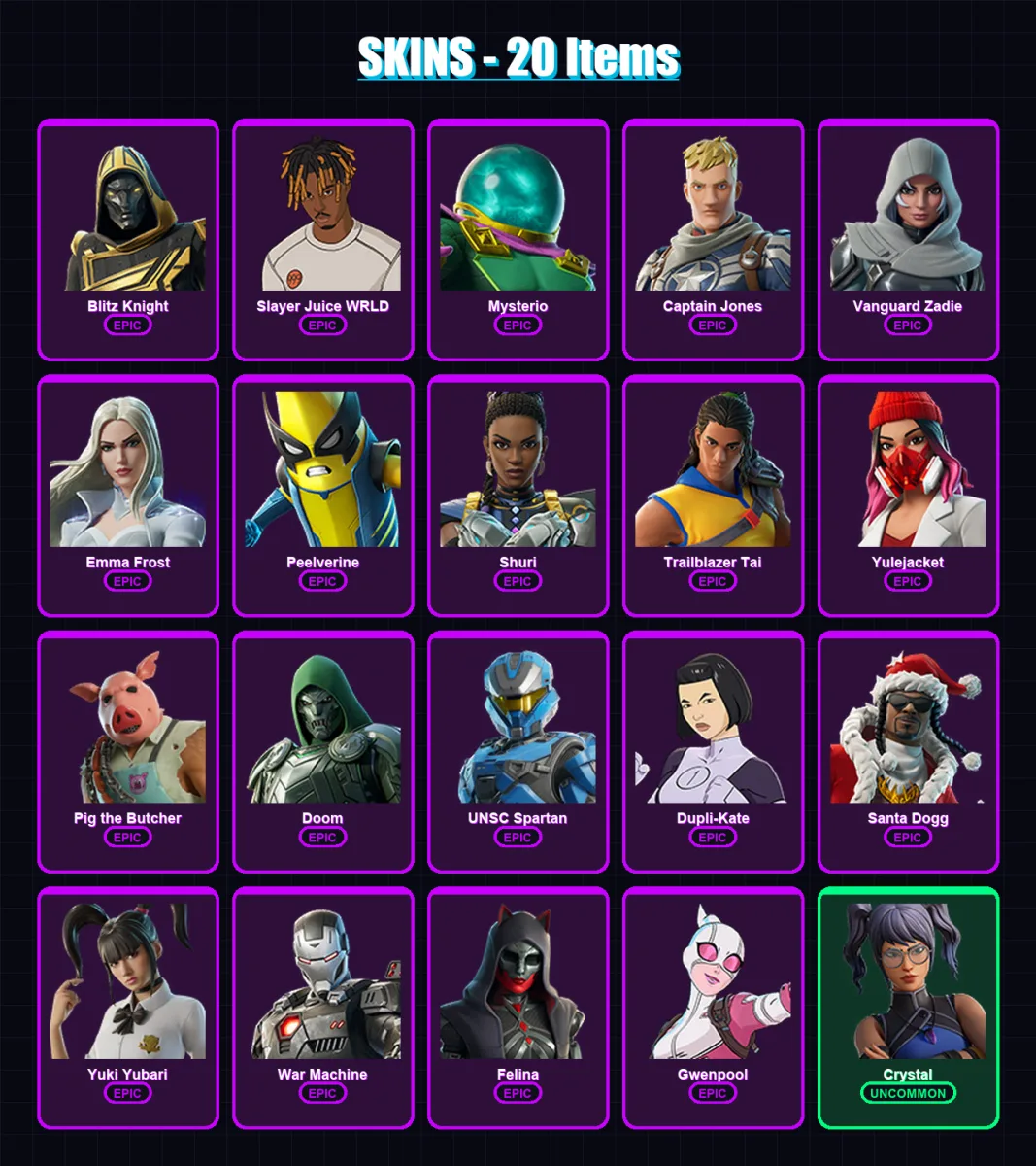 [PC/XBOX/PSN] | Blitz Knight | Slayer Juice WRLD | Mysterio | Captain Jones | Vanguard Zadie | 20 skin | 95 pickaxe | 43 emote | 64 glider | Lv1342