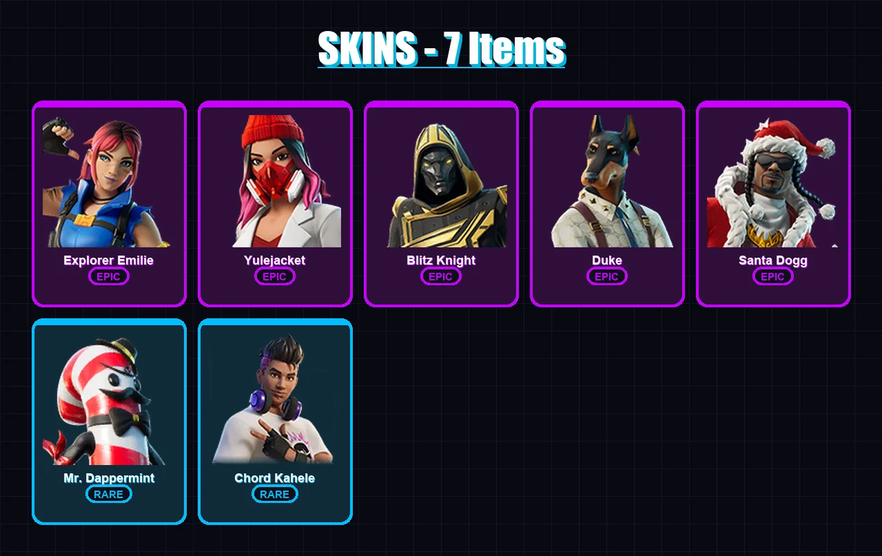 [PC/XBOX] | Explorer Emilie | Yulejacket | Blitz Knight | Duke | Santa Dogg | 7 skin | 32 pickaxe | 11 emote | 17 glider | Lv289