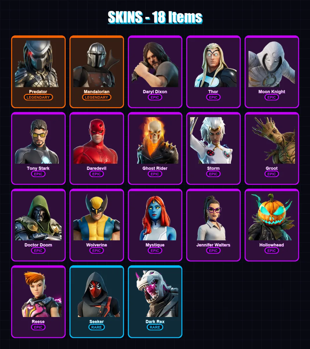 [PC/XBOX] | Predator | Mandalorian | Daryl Dixon | Thor | Moon Knight | 18 skin | 21 pickaxe | 13 emote | 19 glider | Lv299