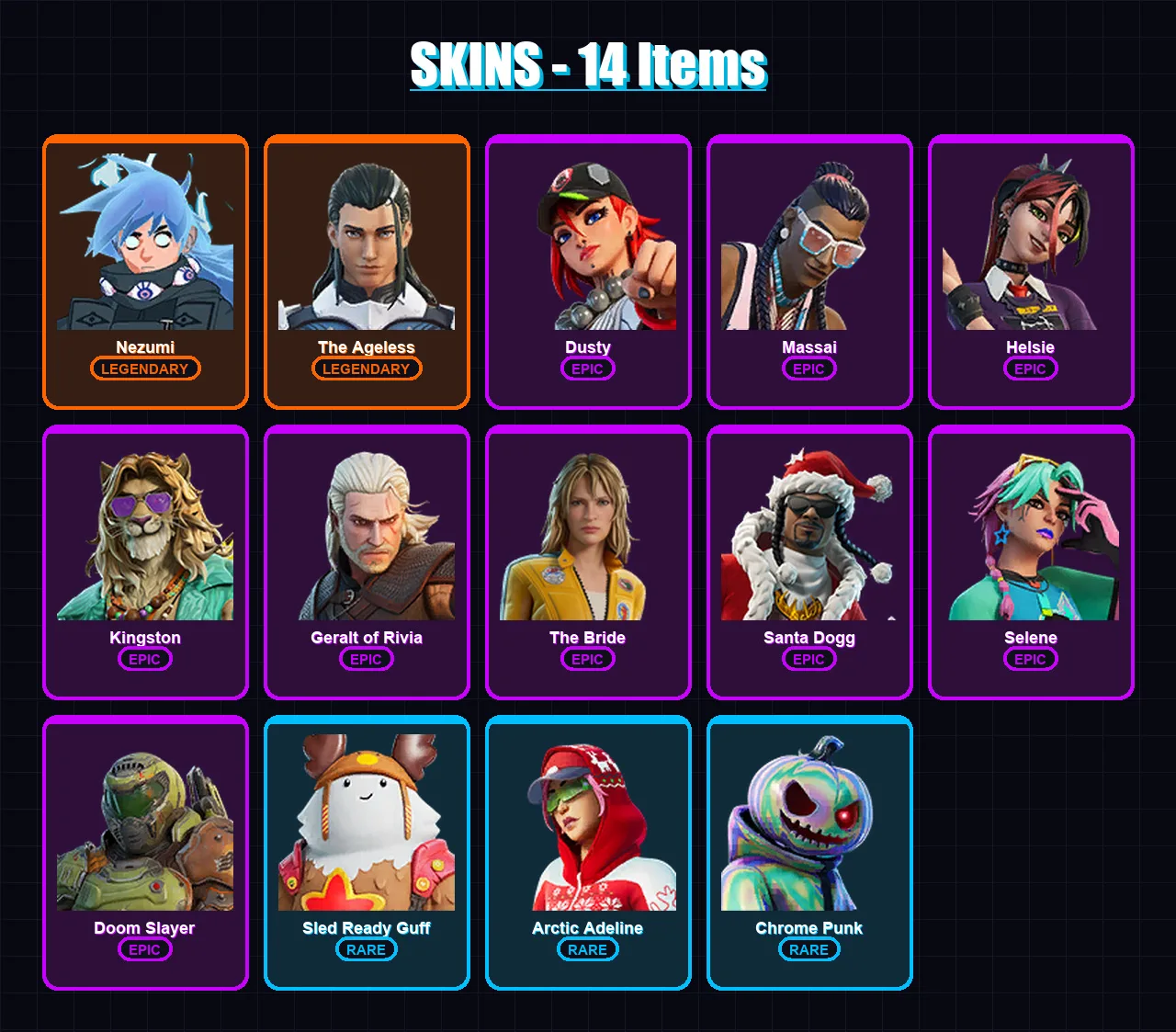 [PC/XBOX/PSN] | Nezumi | The Ageless | Dusty | Massai | Helsie | 14 skin | 27 pickaxe | 15 emote | 22 glider | Lv331