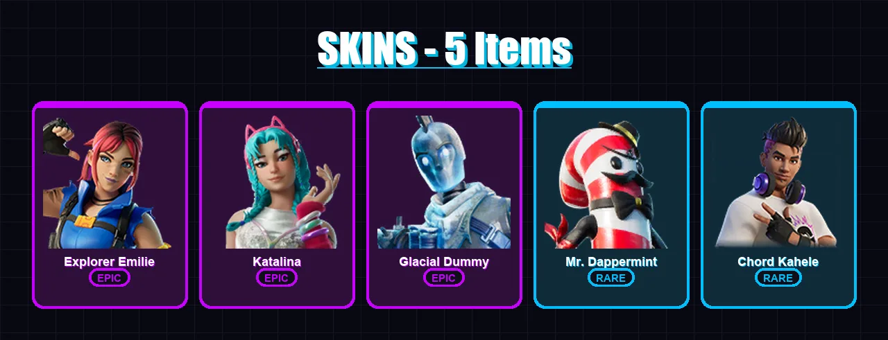 [PC/PSN] | Explorer Emilie | Katalina | Glacial Dummy | Mr. Dappermint | Chord Kahele | 5 skin | 34 pickaxe | 15 emote | 25 glider | Lv291