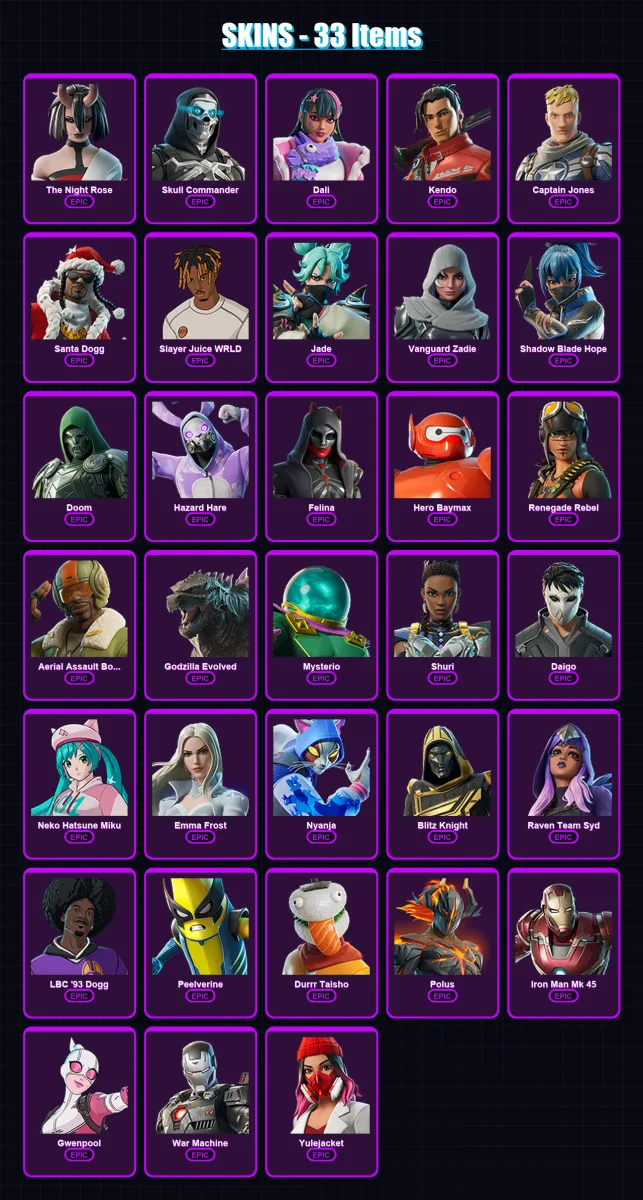 [PC/PSN] | The Night Rose | Skull Commander | Dali | Kendo | Captain Jones | 33 skin | 73 pickaxe | 36 emote | 42 glider | Lv562