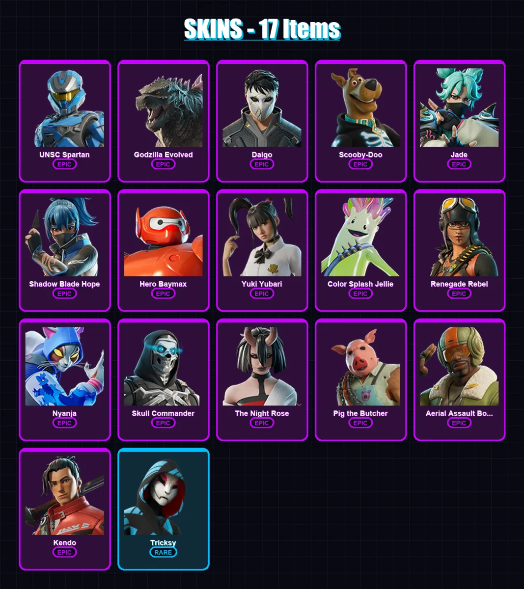 [PC/XBOX/PSN] | UNSC Spartan | Godzilla Evolved | Daigo | Scooby-Doo | Jade | 17 skin | 74 pickaxe | 33 emote | 47 glider | Lv724