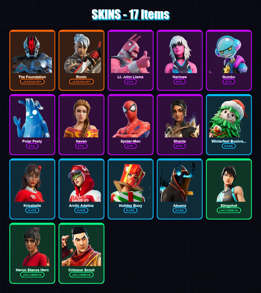 [PS4/PS5/XBOX/PC] | The Foundation | Ronin | Lt. John Llama | Harlowe | Gumbo | 17 skin | 30 pickaxe | 24 emote | 32 glider | Lv434