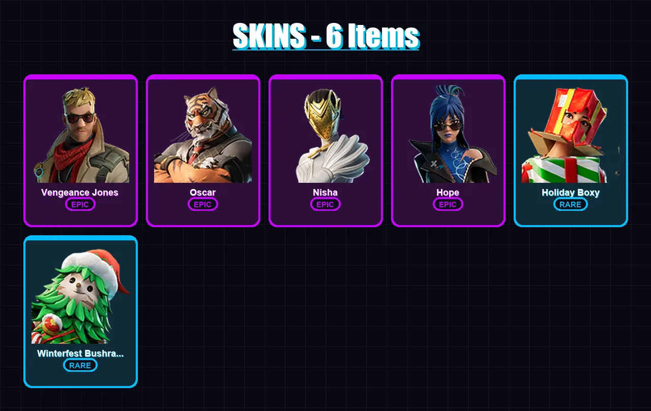 [PC/XBOX/PSN] | Vengeance Jones | Oscar | Nisha | Hope | Holiday Boxy | 6 skin | 7 pickaxe | 5 emote | 8 glider | Lv76