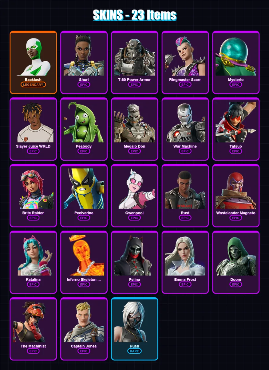 [PC/XBOX/PSN] | Backlash | Shuri | T-60 Power Armor | Ringmaster Scarr | Mysterio | 23 skin | 40 pickaxe | 31 emote | 30 glider | Lv1085