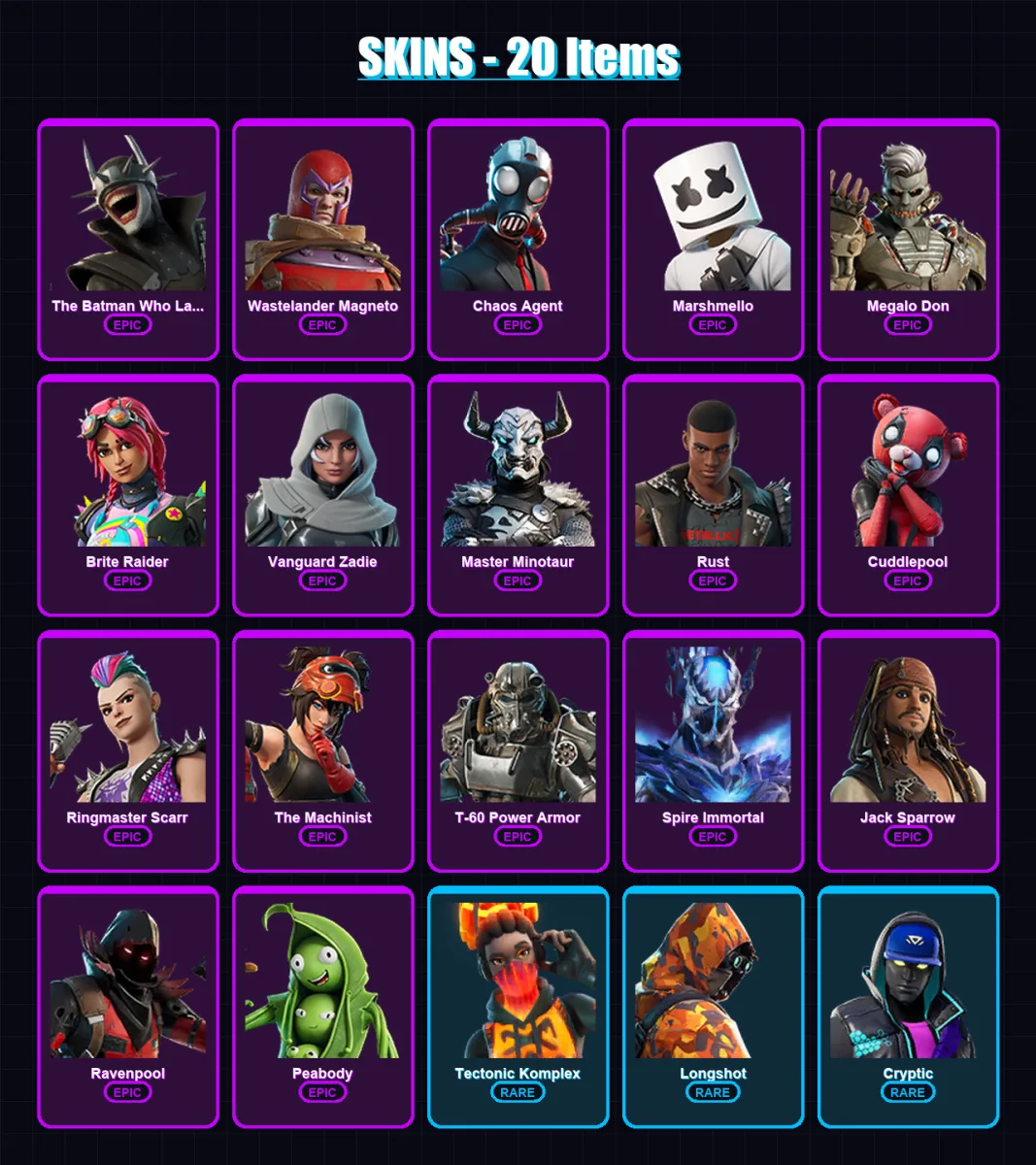 [PC/PSN] | The Batman Who Laughs | Wastelander Magneto | Chaos Agent | Marshmello | Megalo Don | 20 skin | 32 pickaxe | 17 emote | 24 glider | Lv436