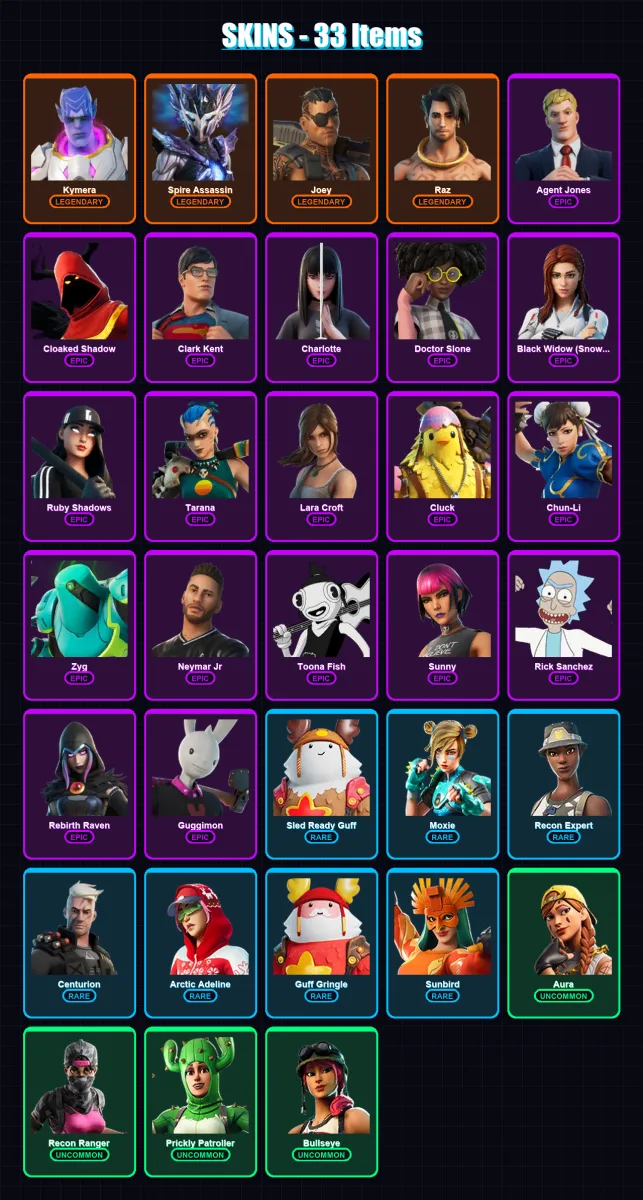 [PC/XBOX/PSN] | Kymera | Spire Assassin | Joey | Raz | Agent Jones | 33 skin | 24 pickaxe | 35 emote | 24 glider | Lv267