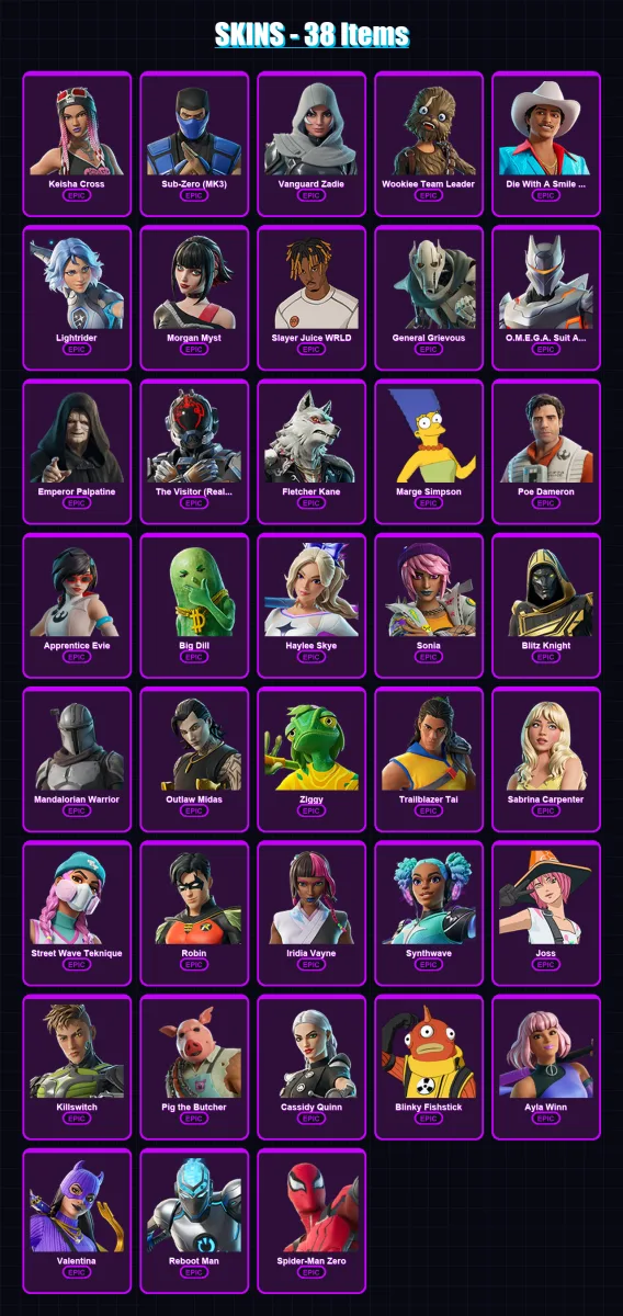 [PC/PSN] | Keisha Cross | Sub-Zero (MK3) | Vanguard Zadie | 38 skin | Lv958 — Fortnite account