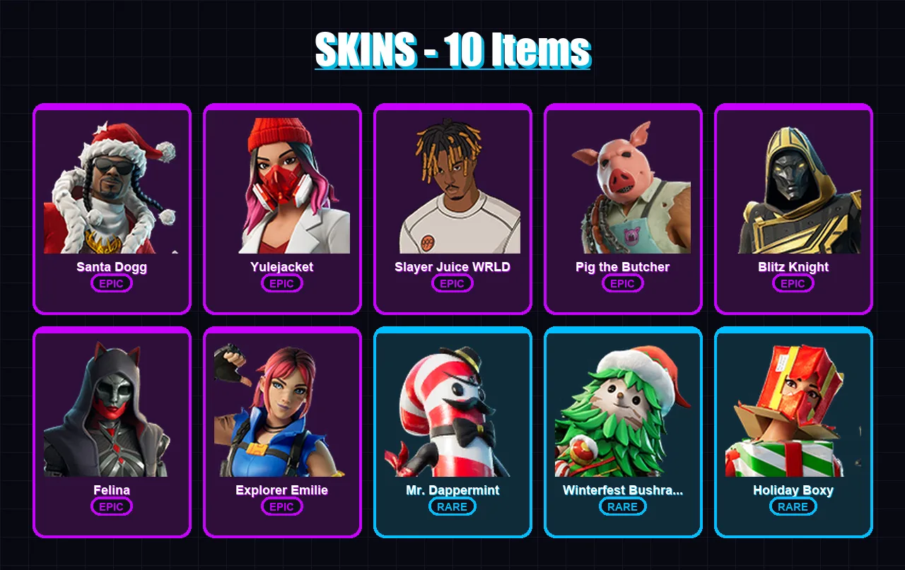 [PC/XBOX/PSN] | Santa Dogg | Yulejacket | Slayer Juice WRLD | Pig the Butcher | Blitz Knight | 10 skin | 37 pickaxe | 15 emote | 29 glider | Lv391 — Fortnite account