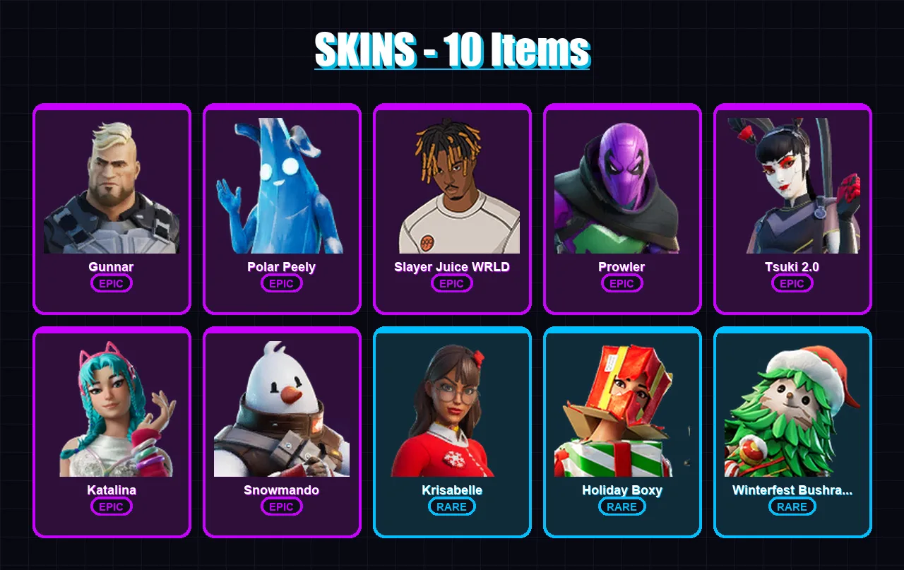 [PC/XBOX/PSN] | Gunnar | Polar Peely | Slayer Juice WRLD | Prowler | Tsuki 2.0 | 10 skin | 23 pickaxe | 11 emote | 27 glider | Lv413