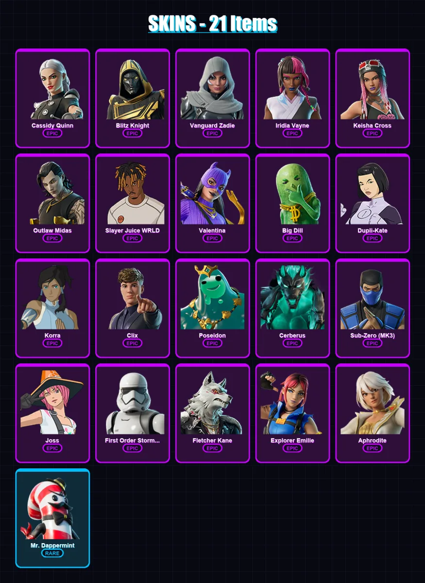 [PC/XBOX/PSN] | Cassidy Quinn | Blitz Knight | Vanguard Zadie | Iridia Vayne | Keisha Cross | 21 skin | 51 pickaxe | 33 emote | 41 glider | Lv843
